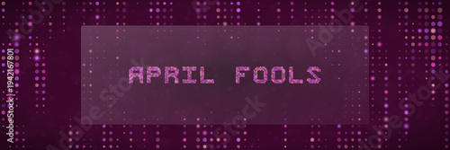 April Fools Day Digital Glitch Banner with Purple Pixel Art Background