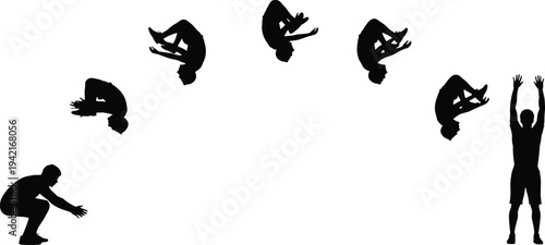 Athlete backflip jump silhouette sequence showing acrobatic motion from squat to landing pose isolated on white background sports action concept