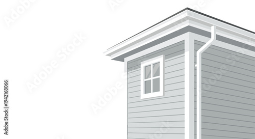 The corner of a house with light grey siding, a white-framed window, and a gutter system is shown against a plain white background.