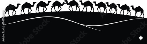 Camel caravan silhouette walking across desert dunes landscape, traditional travel scene with camels in line isolated on light background