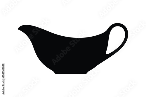 A simple black silhouette of a gravy boat with handle on a white background, isolated kitchen utensil for cooking and serving.
