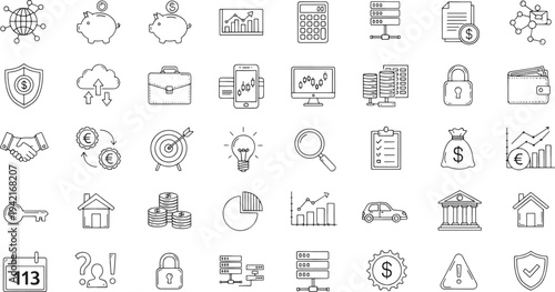Collection of hand drawn outline representing business finance and technology concepts money graph