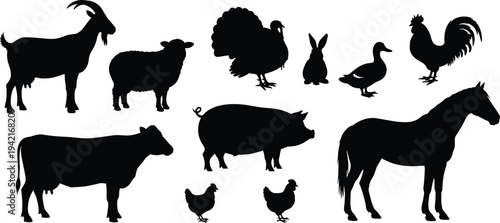 Farm animals silhouette collection including goat, sheep, turkey, rabbit, duck, rooster, cow, pig and horse isolated on light background
