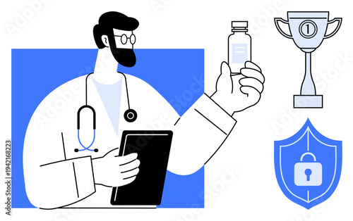 Healthcare innovation. Healthcare professional with vaccine vial s healthcare progress, security and achievement. Vital for medical advancements, public health, and research. Use for medicine