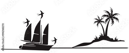 Silhouette, sea voyage, vacation. Sea cruise, tropical island vacation, sailing ship, luxury island, palm trees, travel concept.