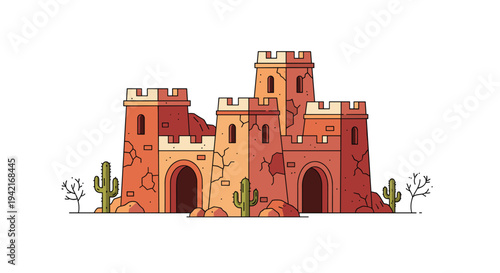 A stylized desert castle, composed of reddish-brown cracked stone with multiple towers and arched entryways, stands between cacti and bare trees on a white expanse.