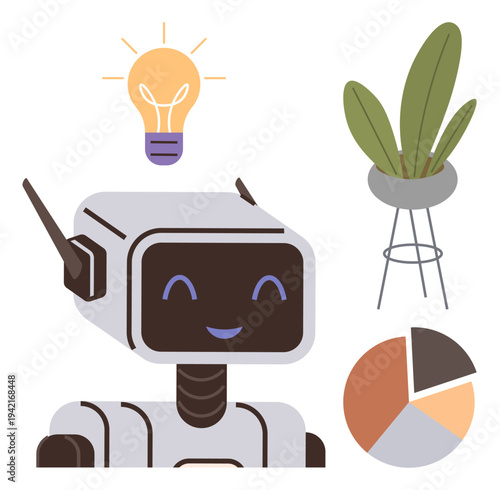 Innovation, artificial intelligence, data analysis, environmental ideas, creativity, technology. A smiling robot head with a light bulb, potted plant and chart. Innovation and artificial