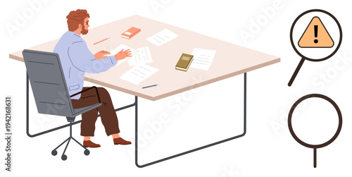 Business review, document analysis, investigation, problem-solving, workflow management, caution. A seated man examining papers at a desk, magnifying glass and warning sign included. Business review