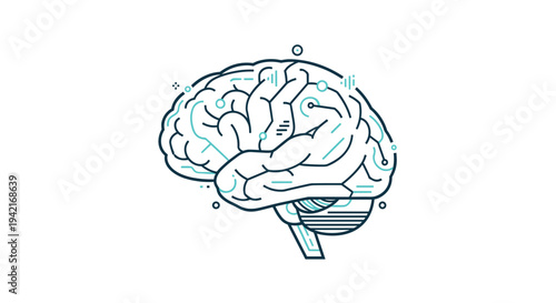 A minimalist outline illustration of a human brain in profile, featuring abstract circuit-like patterns and dots, is presented on a clean white background.