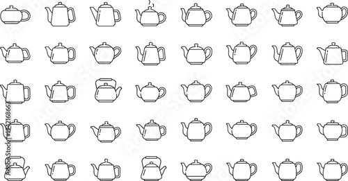 Collection of various black outline teapots and kettles on white background drink beverage