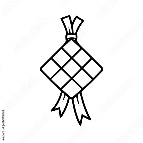 Ketupat Line Icon Isolated on White Background, Indonesian Traditional Rice Dumpling Symbol, Ramadan and Eid Mubarak Food Illustration, Simple Black Outline Cultural Food Icon