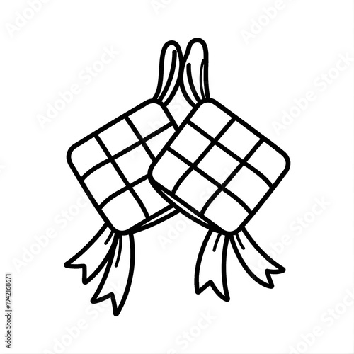 Ketupat Line Icon Isolated on White Background, Indonesian Traditional Rice Dumpling Symbol, Ramadan and Eid Mubarak Food Illustration, Simple Black Outline Cultural Food Icon