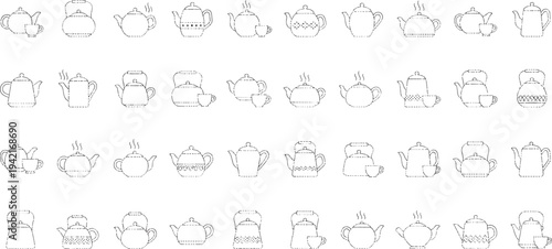 Collection of various black and white line teapots and teacups with dotted outlines line outline
