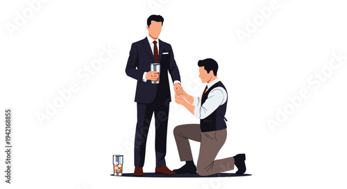 A man in a dark suit stands holding a drink while another man in a waistcoat kneels, holding his hand on a clean white background.