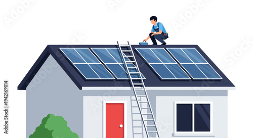 Solar Panel Installation on House Roof by Technician.