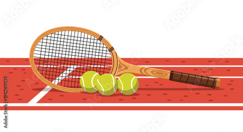 A wooden tennis racket and three bright tennis balls are arranged on a red court with white lines against a simple white background.