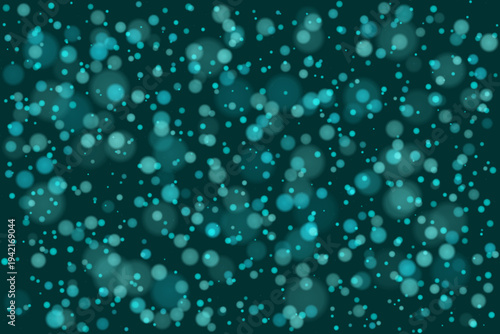 Deep sea bioluminescent particles background with glowing blue bokeh lights and dark teal water texture.