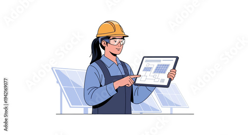 Female engineer inspecting solar panels with tablet.