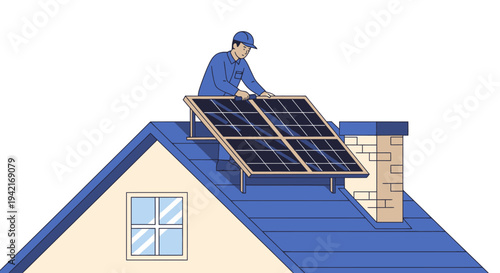 Solar Panel Installation on Roof by Technician.