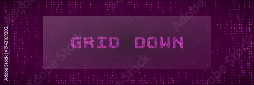 Grid Down Warning on Purple Glitch Pixel Background for Cybersecurity and Infrastructure Failure