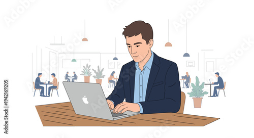 A man in a blue jacket works on a laptop at a wooden table in a cafe, with other people and plants in the background.