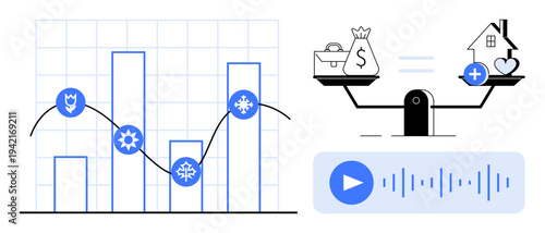 Data analytics. Data analytics through graphs, balance scales with finance and health icons, and audio elements for communication. Data analytics and decision-making concepts for finance, health