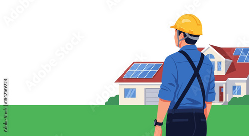 Solar Panel Installer Inspects House with Renewable Energy.