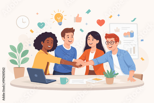 Diverse business team putting hands together for collaboration and unity in a modern office. Flat vector illustration of employee satisfaction, creative brainstorming, and successful teamwork.
