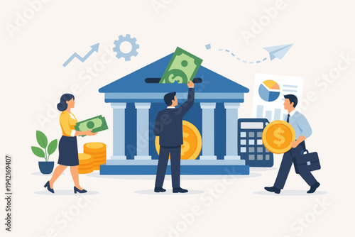 Flat vector illustration of business people making a bank deposit, managing money, and investing. Men and women with cash, coins, and financial charts at a bank for savings and wealth management.