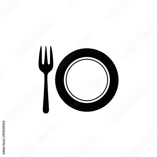 Simple black silhouette of a fork and a plate.