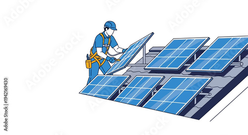 Solar Panel Installation Rooftop Worker Setting Up Photovoltaic System.