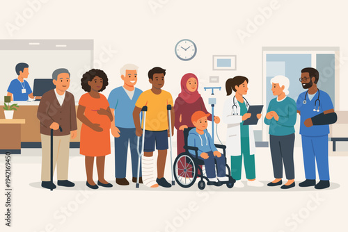 Diverse multicultural patients and medical staff in a hospital hallway, featuring a pregnant woman, elderly man with a cane, child in a wheelchair, and doctors providing inclusive healthcare.