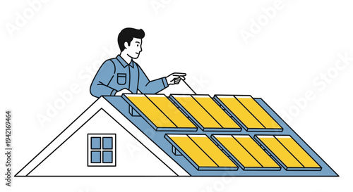 Man installing solar panels on roof.