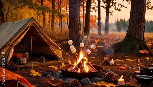 An inviting campsite with a crackling fire and colorful autumn leaves.