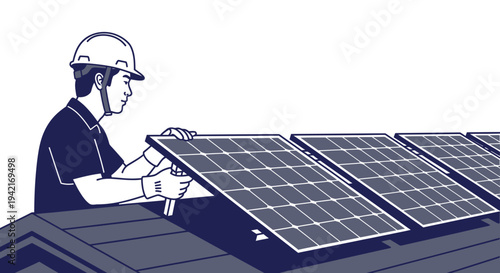Solar Panel Installation Worker on Roof Installing Renewable Energy System.