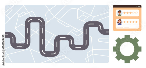 Navigation tools, user experience, business strategy, customer feedback, process optimization, travel planning. Winding road, reviews gear icon. Navigation tools and user experience concept