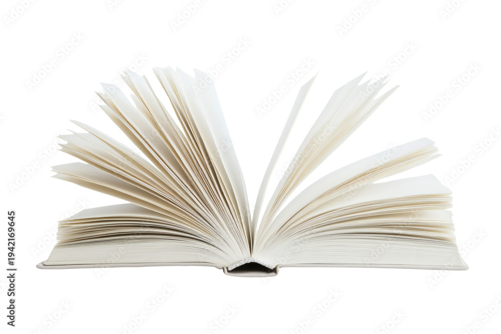Fototapeta premium An open book with many fanned out blank white pages, symbolizing knowledge, education, learning, and storytelling, offering a versatile design element for various conceptual projects&nbsp;&nbsp;