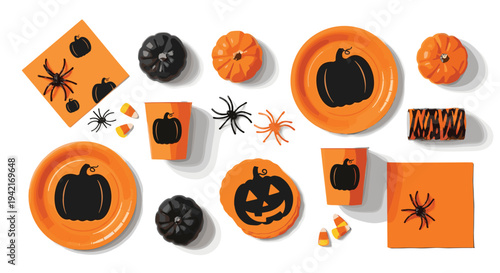 A comprehensive flat lay composition presents an assortment of Halloween party supplies, featuring pumpkin-themed plates, cups, napkins, decorative spiders, and candy corn on a white backdrop.