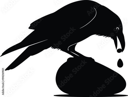 Vector crow dropping food onto rock silhouette design