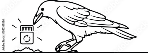 Vector crow pecking at recycling symbol trash bin silhouette design