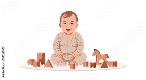 A joyful baby in a beige romper sits happily on a fluffy rug, surrounded by an array of wooden building blocks and a small rocking horse.