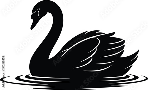 Vector elegant black swan floating on water ripples silhouette design