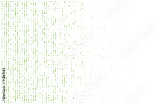 Green binary code pattern representing sustainable computing and data encryption on white background