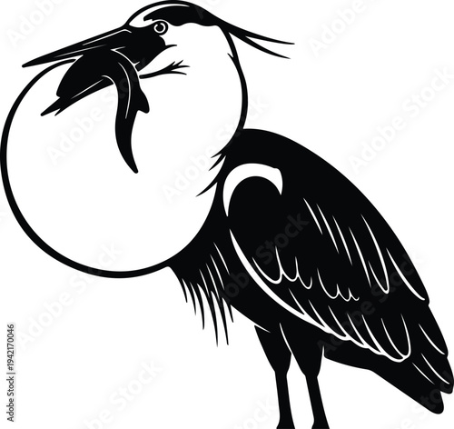 Vector heron bird with fish in beak silhouette design