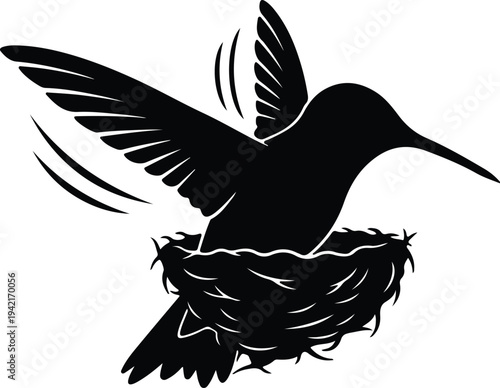 Vector hummingbird emerging from nest with open wings silhouette design