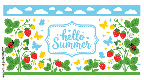 Hello summer banner with strawberries butterflies and ladybugs
