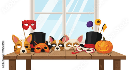 A charming display of various animal masks, two black top hats, and a carved Halloween pumpkin sits on a wooden table in front of a large window.