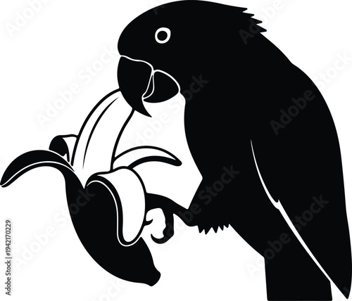 Vector parrot eating banana silhouette design