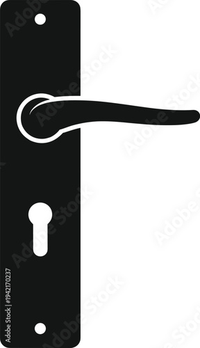 Minimal vector silhouette, door handle with rectangular plate, solid black, isolated on white background