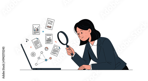 A cheerful female professional in a dark blazer uses a large magnifying glass to inspect various digital documents and data charts floating near a laptop.